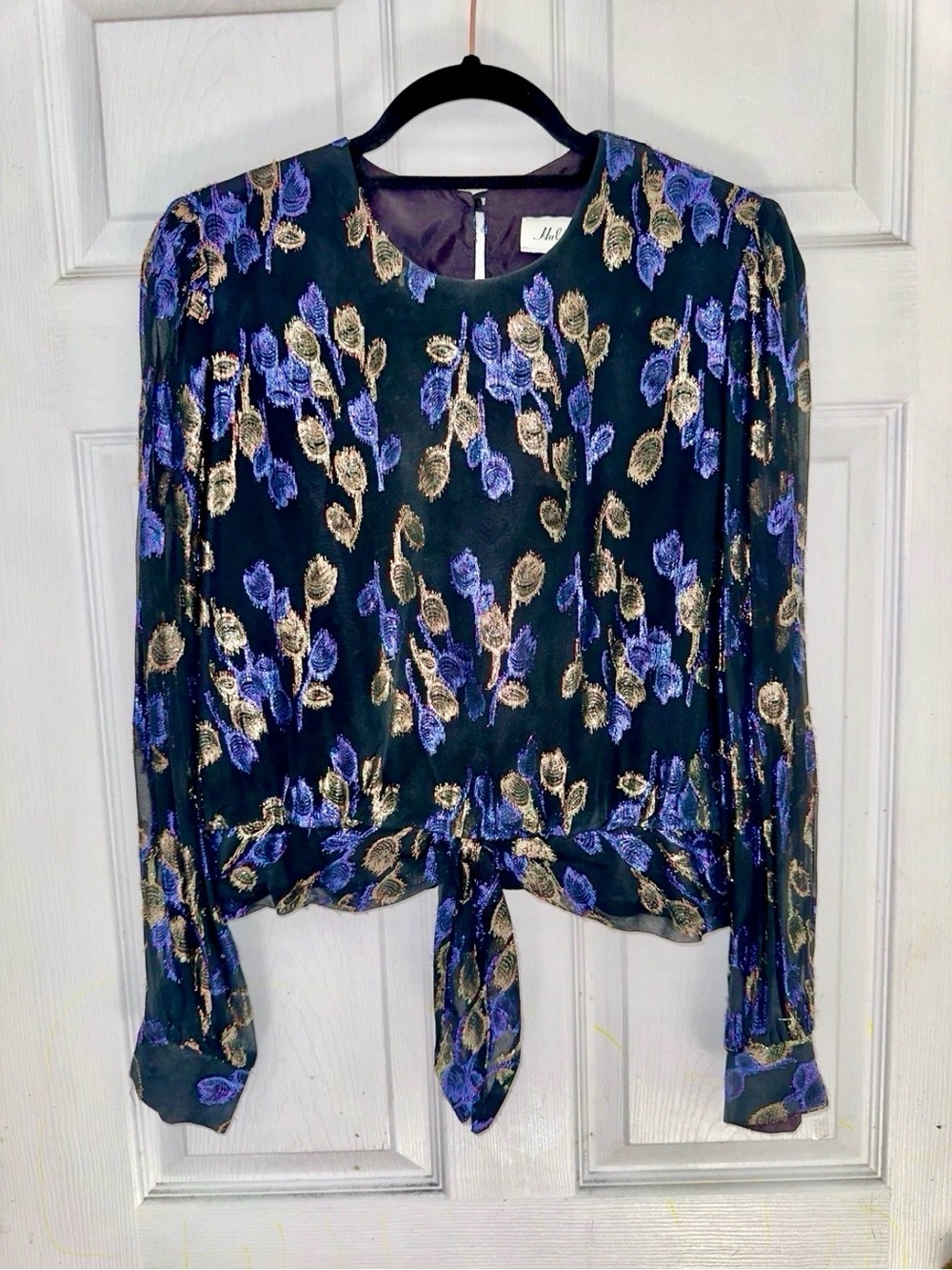 Vtg Hal Ferman Long-Sleeve Tie-Front 80’s Floral Top in Black/Purple/Gold - 14